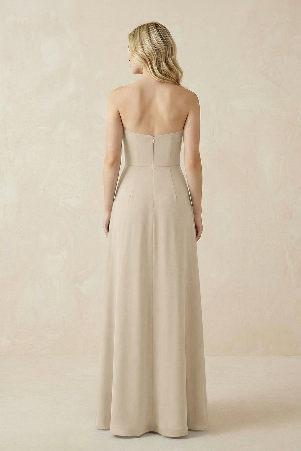 Strapless A - Line Chiffon Bridesmaid Dress With Slit in Champagne - KISS BRIDAL Bridesmaid Dresses