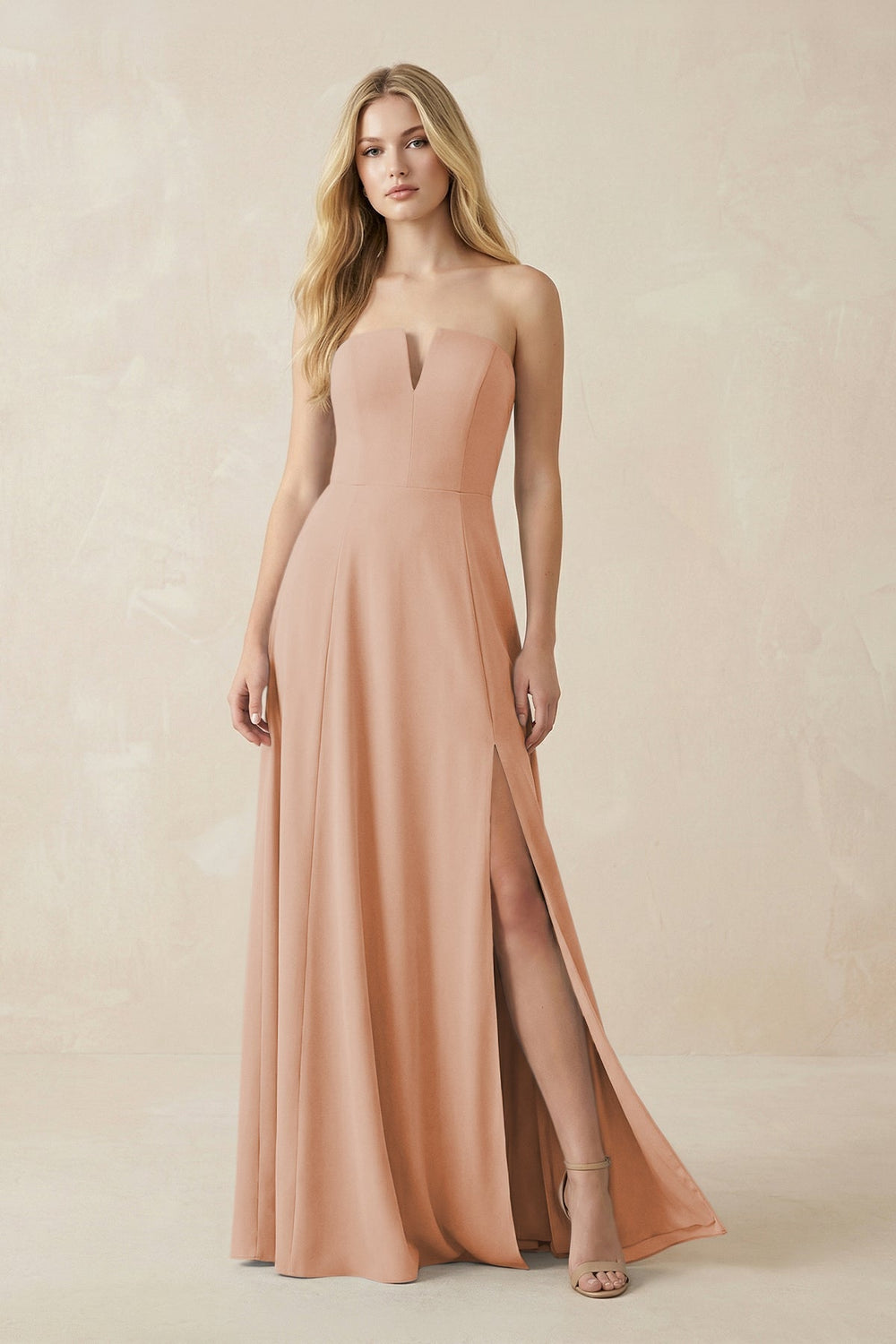 Strapless A - Line Chiffon Bridesmaid Dress With Slit in Champagne Rose - KISS BRIDAL Bridesmaid Dresses