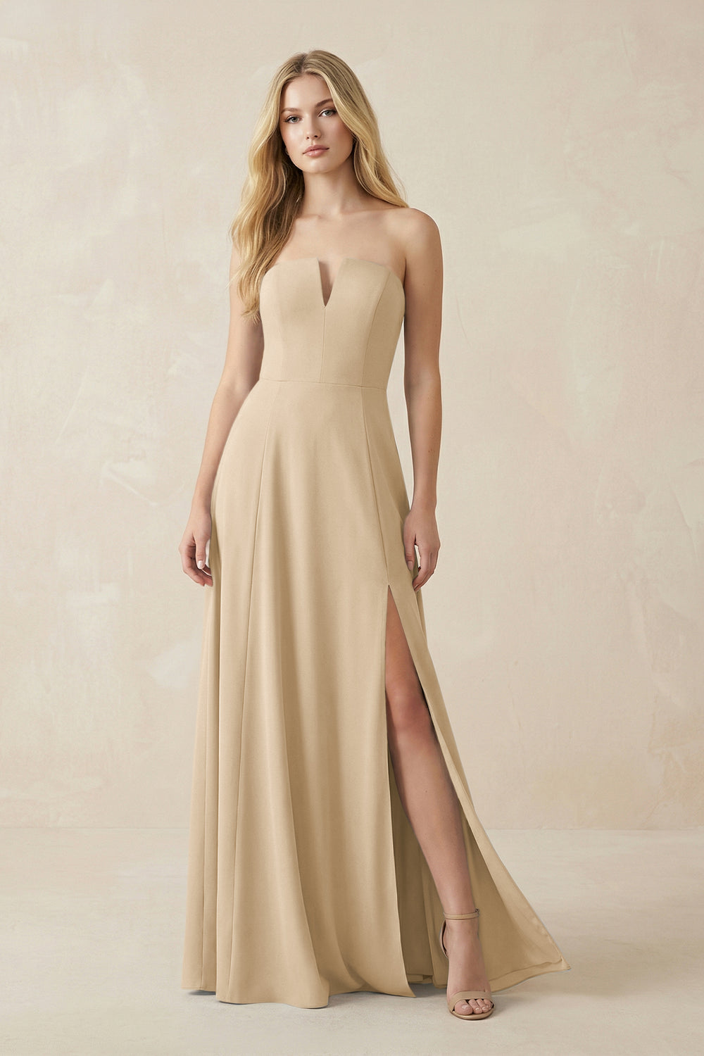 Strapless A-Line Chiffon Bridesmaid Dress With Slit in Champagne