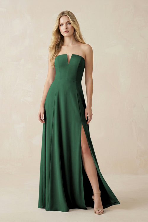 Strapless A-Line Chiffon Bridesmaid Dress With Slit in Dark Green | KISSBRIDAL