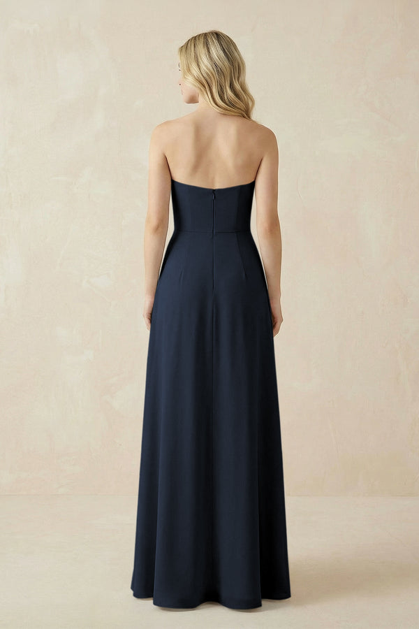 Strapless A - Line Chiffon Bridesmaid Dress With Slit in Dark Navy - SHE IS ME Bridesmaid Dresses