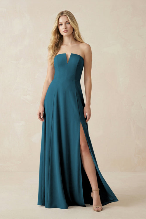 Strapless A - Line Chiffon Bridesmaid Dress With Slit in Dark Teal - SHE IS ME Bridesmaid Dresses