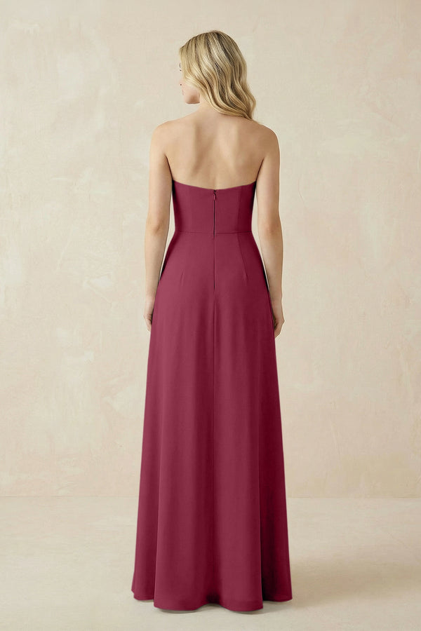 Strapless A - Line Chiffon Bridesmaid Dress With Slit in Desert Rose - SHE IS ME Bridesmaid Dresses