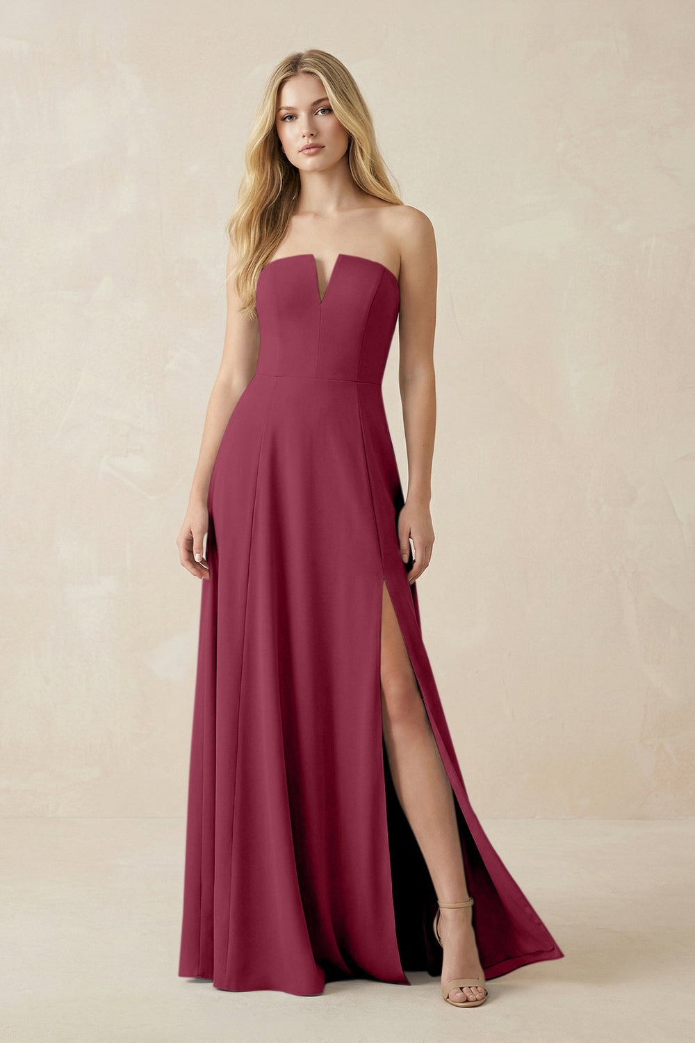 Strapless A - Line Chiffon Bridesmaid Dress With Slit in Desert Rose - KISS BRIDAL Bridesmaid Dresses