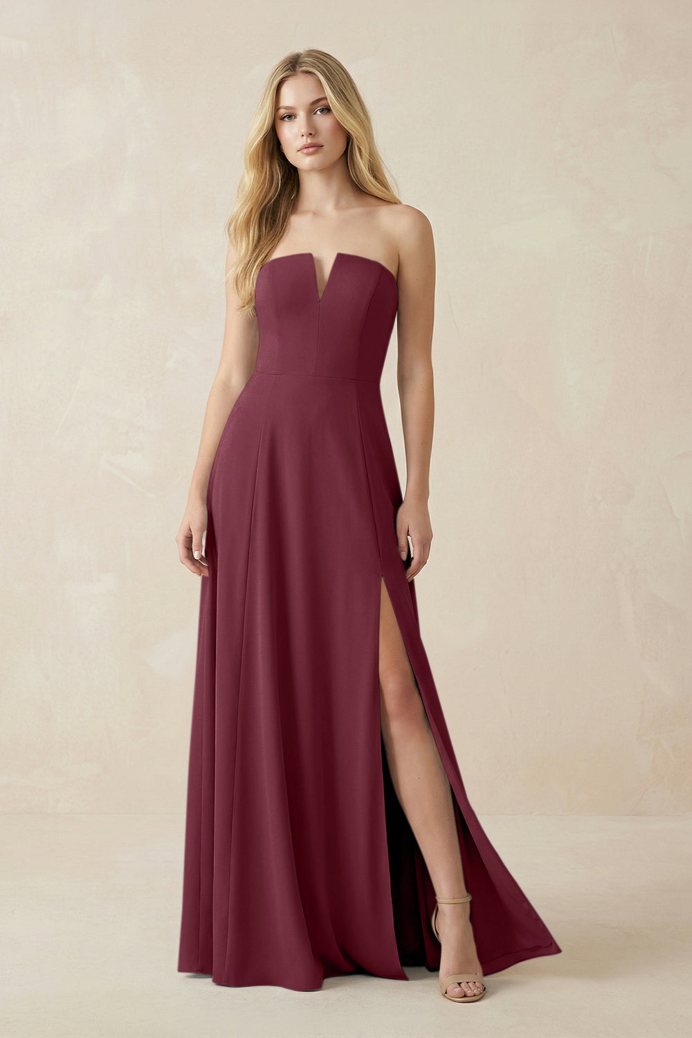 Strapless A-Line Chiffon Bridesmaid Dress With Slit in Desert Rose