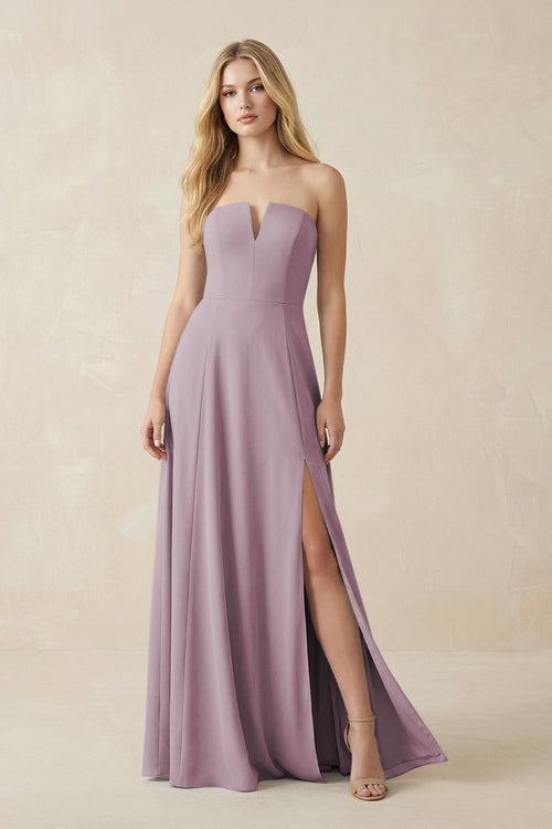 Strapless A - Line Chiffon Bridesmaid Dress With Slit in Dusk - SHE IS ME Bridesmaid Dresses