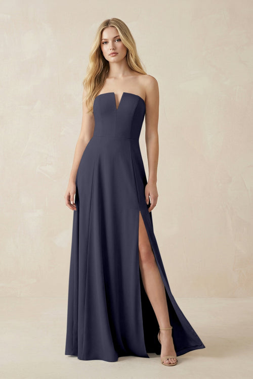 Strapless A - Line Chiffon Bridesmaid Dress With Slit in Dusk Blue - SHE IS ME Bridesmaid Dresses