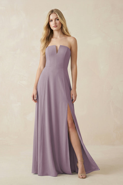 Strapless A-Line Chiffon Bridesmaid Dress With Slit in Dusk | KISSBRIDAL