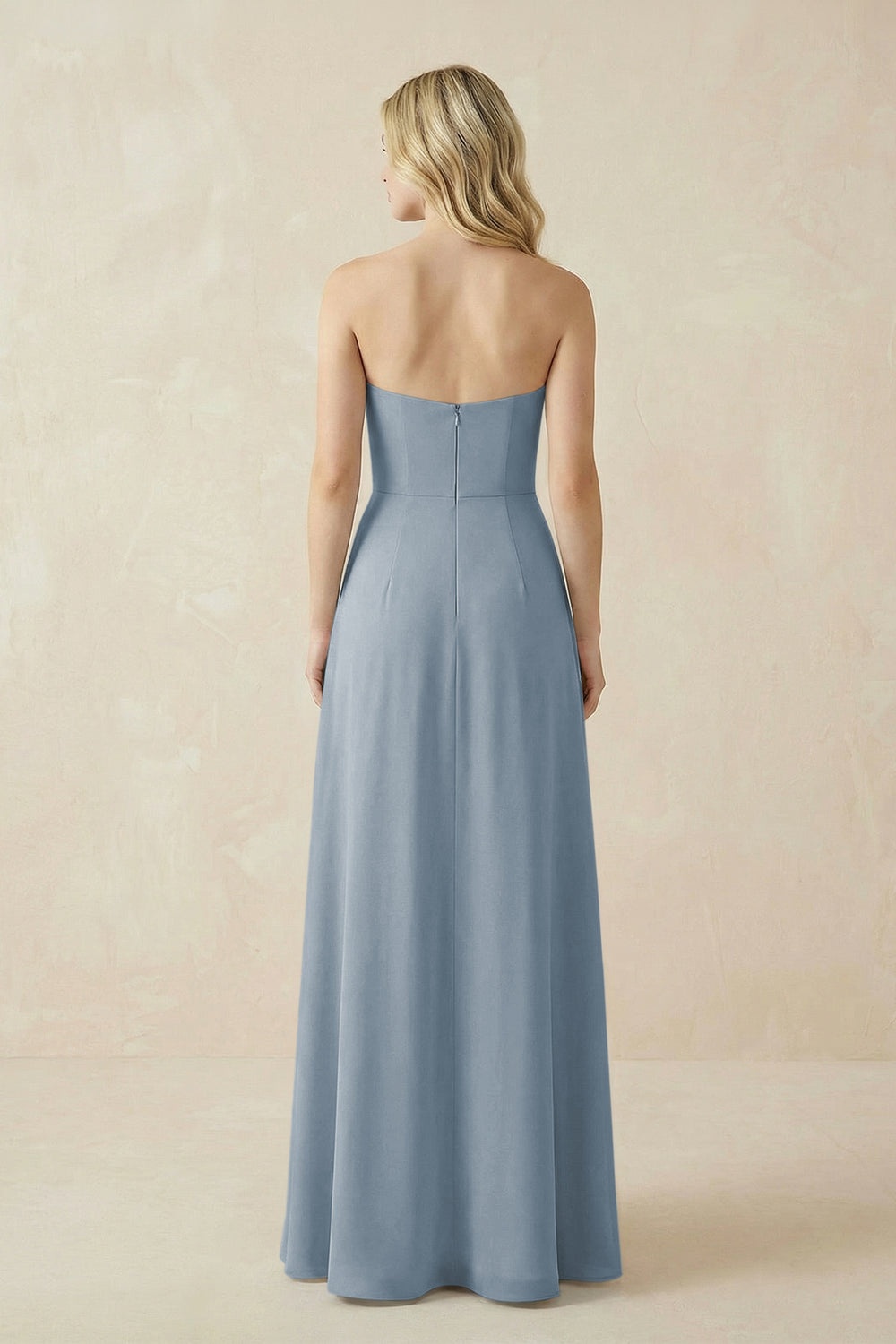 Strapless A-Line Chiffon Bridesmaid Dress With Slit in Dusty Blue