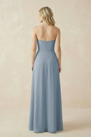 Strapless A-Line Chiffon Bridesmaid Dress With Slit in Dusty Blue (2) | KISSBRIDAL