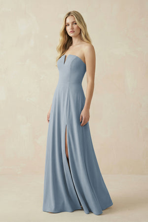 Strapless A-Line Chiffon Bridesmaid Dress With Slit in Dusty Blue (3) | KISSBRIDAL