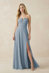 Strapless A-Line Chiffon Bridesmaid Dress With Slit in Dusty Blue | KISSBRIDAL