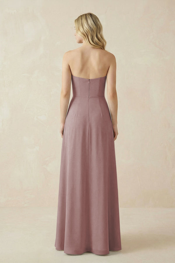 Strapless A-Line Chiffon Bridesmaid Dress With Slit in Dusty Rose (2) | KISSBRIDAL