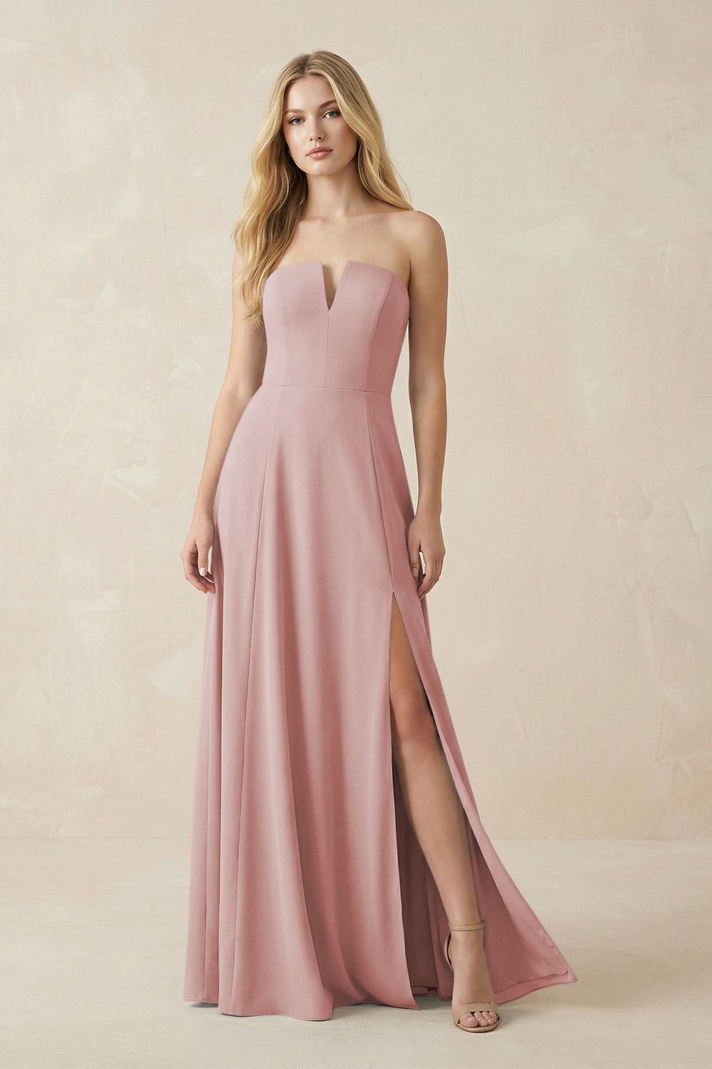 Strapless A - Line Chiffon Bridesmaid Dress With Slit in Dusty Rose - KISS BRIDAL Bridesmaid Dresses