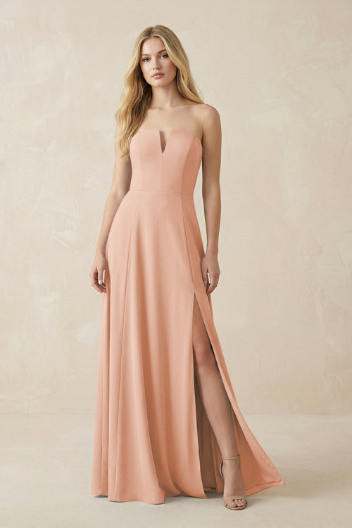 Strapless A - Line Chiffon Bridesmaid Dress With Slit in English Rose - SHE IS ME Bridesmaid Dresses