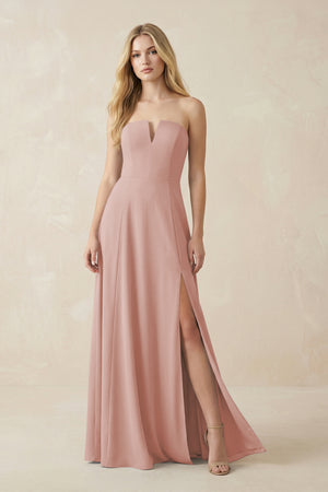 Strapless A-Line Chiffon Bridesmaid Dress With Slit in English Rose | KISSBRIDAL