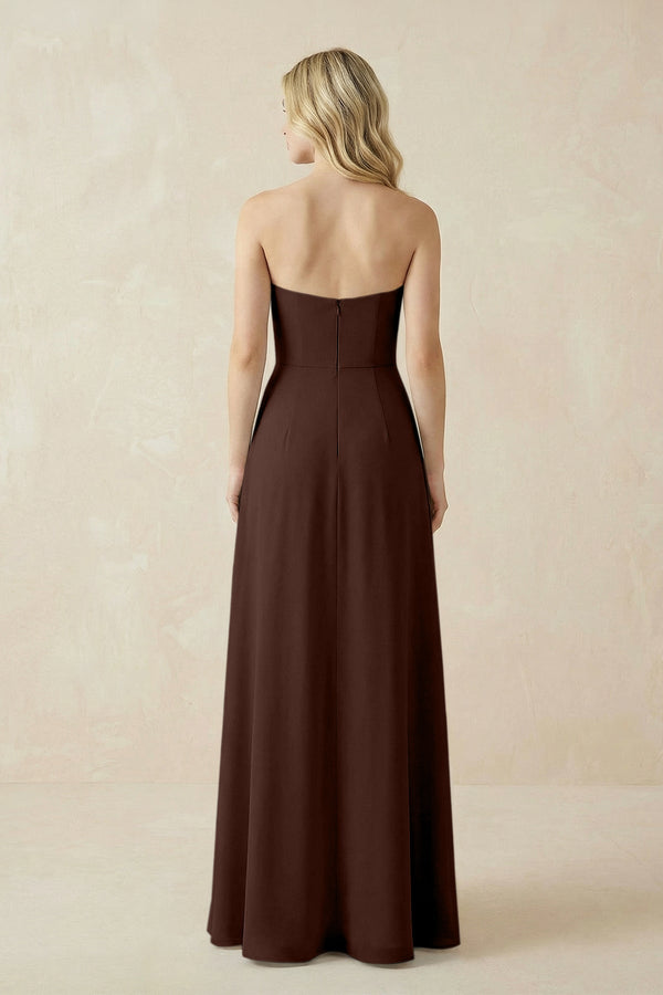 Strapless A - Line Chiffon Bridesmaid Dress With Slit in Espresso - SHE IS ME Bridesmaid Dresses