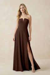 Strapless A - Line Chiffon Bridesmaid Dress With Slit in Espresso - KISS BRIDAL Bridesmaid Dresses