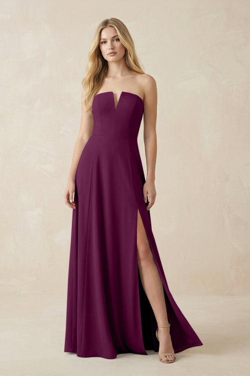 Strapless A - Line Chiffon Bridesmaid Dress With Slit in Fig - SHE IS ME Bridesmaid Dresses