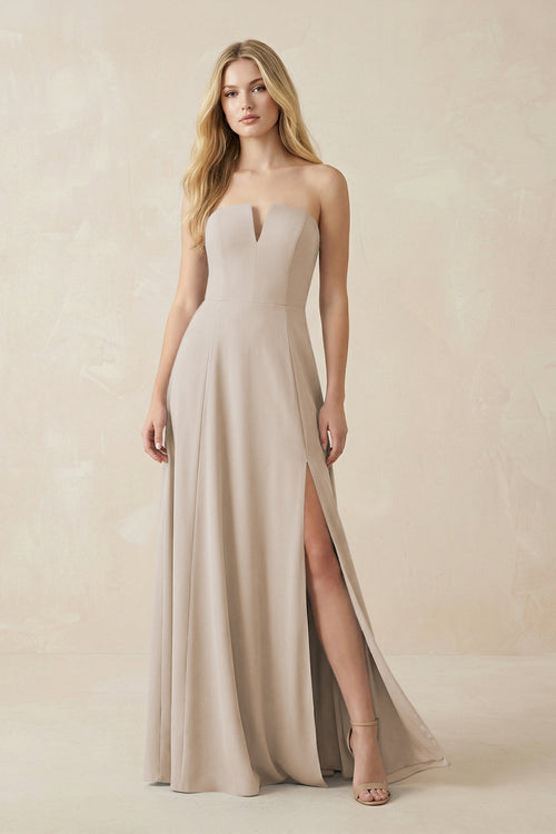Strapless A - Line Chiffon Bridesmaid Dress With Slit in Frost - SHE IS ME Bridesmaid Dresses