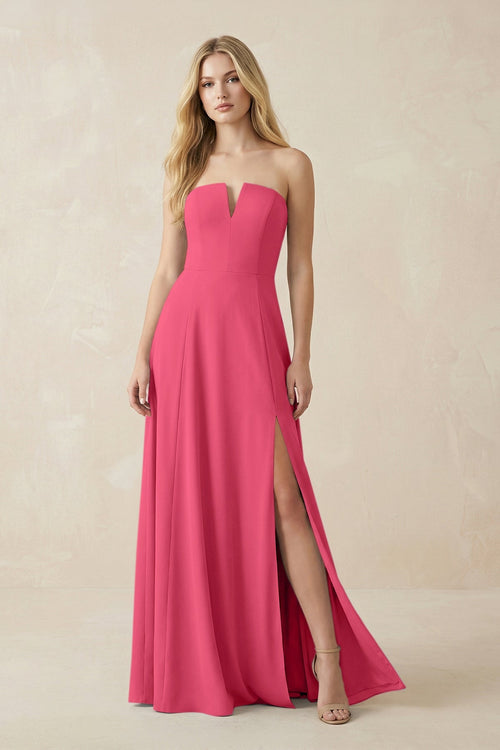 Strapless A - Line Chiffon Bridesmaid Dress With Slit in Fuchsia - SHE IS ME Bridesmaid Dresses