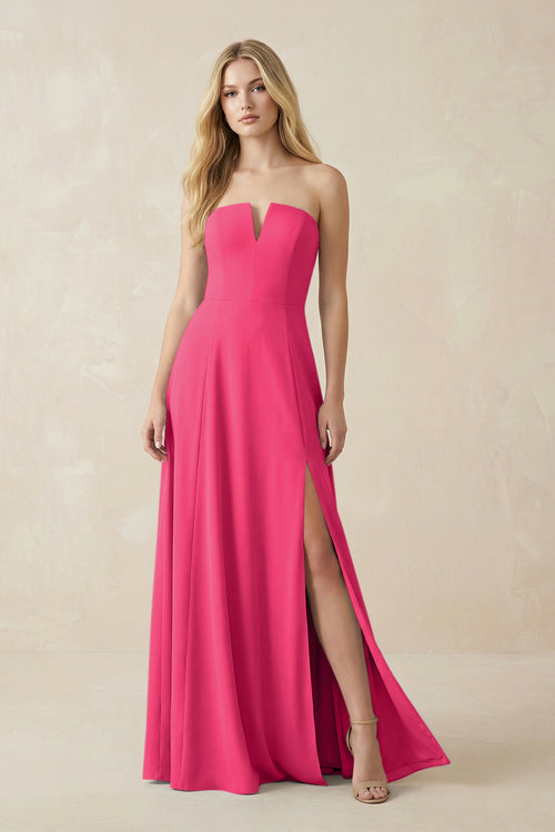 Strapless A-Line Chiffon Bridesmaid Dress With Slit in Fuchsia | KISSBRIDAL