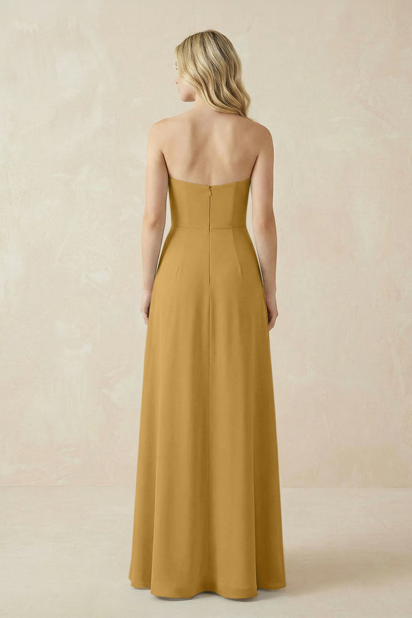 Strapless A-Line Chiffon Bridesmaid Dress With Slit in Marigold (2) | KISSBRIDAL