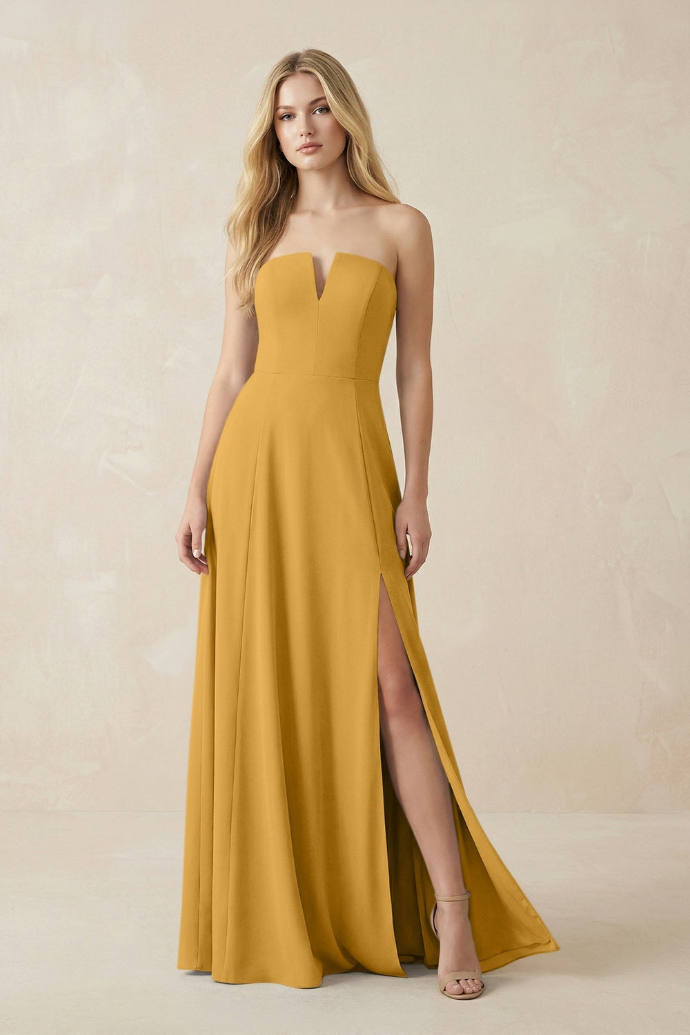 Strapless A - Line Chiffon Bridesmaid Dress With Slit in Marigold - KISS BRIDAL Bridesmaid Dresses