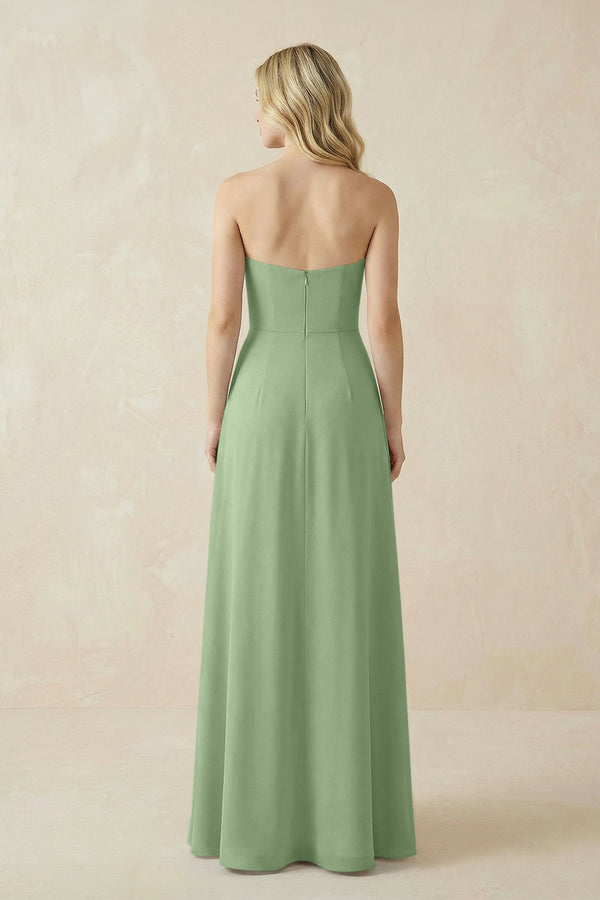 Strapless A-Line Chiffon Bridesmaid Dress With Slit in Matcha (2) | KISSBRIDAL