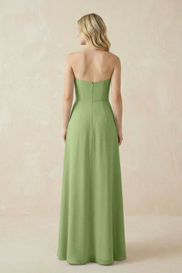 Strapless A - Line Chiffon Bridesmaid Dress With Slit in Matcha - SHE IS ME Bridesmaid Dresses