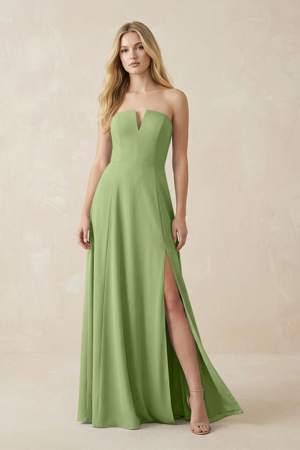 Strapless A - Line Chiffon Bridesmaid Dress With Slit in Matcha - KISS BRIDAL Bridesmaid Dresses