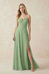 Strapless A-Line Chiffon Bridesmaid Dress With Slit in Matcha | KISSBRIDAL