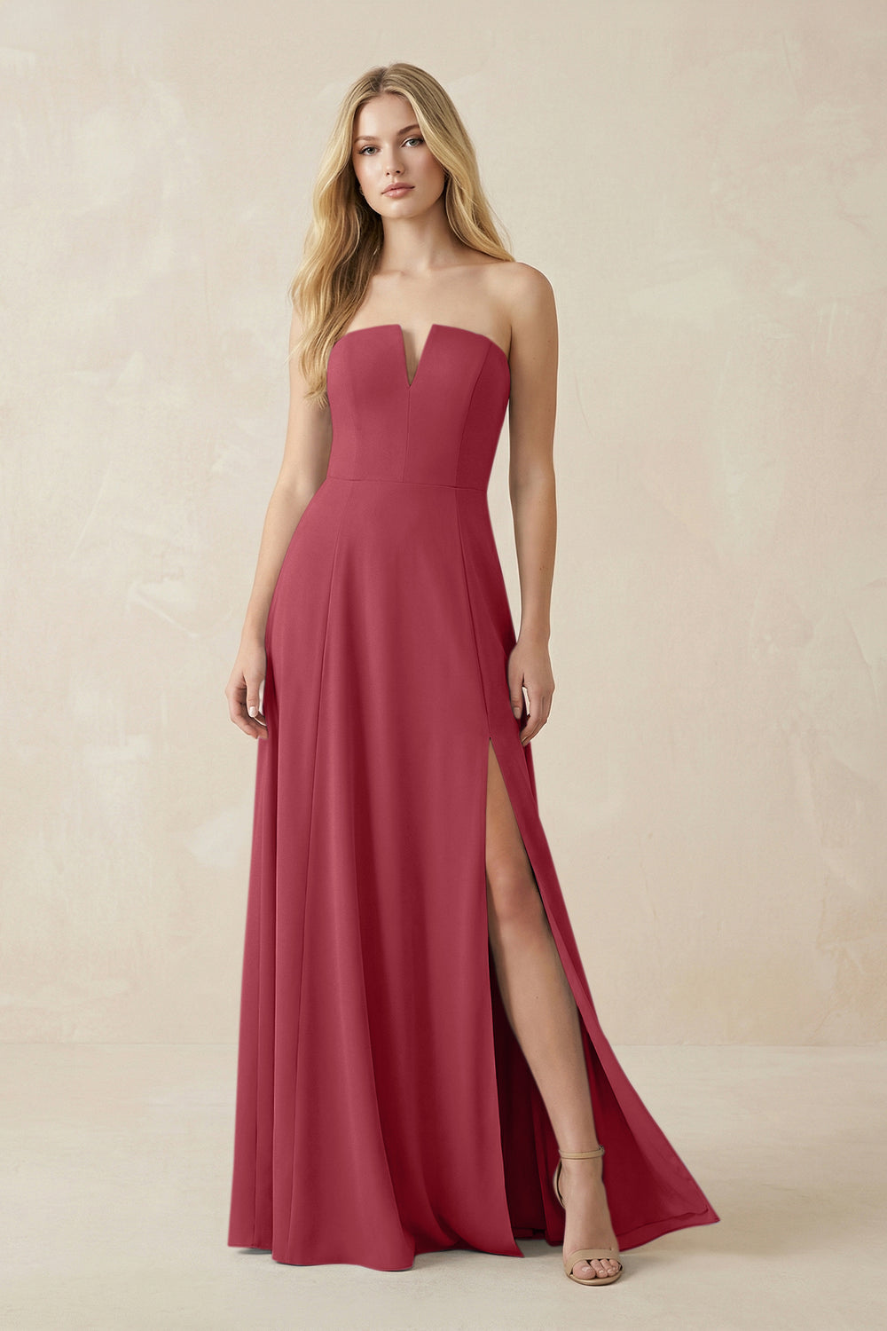 Strapless A-Line Chiffon Bridesmaid Dress With Slit in Merlot