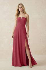 Strapless A-Line Chiffon Bridesmaid Dress With Slit in Merlot | KISSBRIDAL