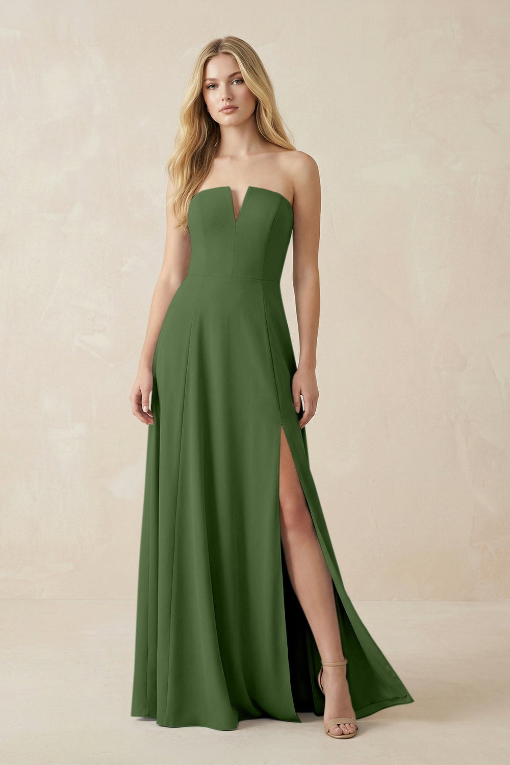 Strapless A - Line Chiffon Bridesmaid Dress With Slit in Moss - KISS BRIDAL Bridesmaid Dresses