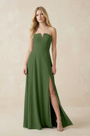 Strapless A - Line Chiffon Bridesmaid Dress With Slit in Moss - SHE IS ME Bridesmaid Dresses