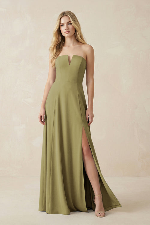 Strapless A-Line Chiffon Bridesmaid Dress With Slit in Moss Green | KISSBRIDAL