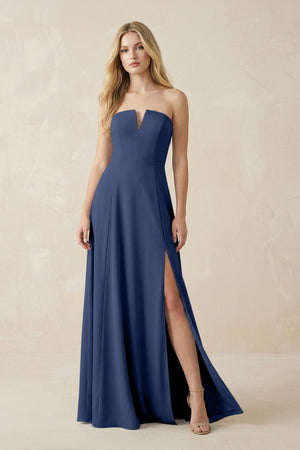 Strapless A - Line Chiffon Bridesmaid Dress With Slit in Navy - SHE IS ME Bridesmaid Dresses