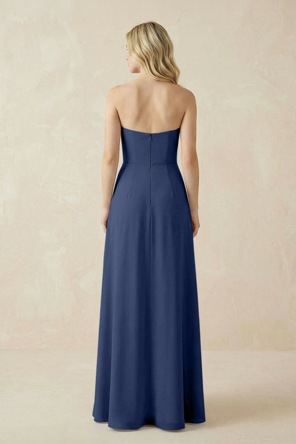 Strapless A - Line Chiffon Bridesmaid Dress With Slit in Navy - SHE IS ME Bridesmaid Dresses