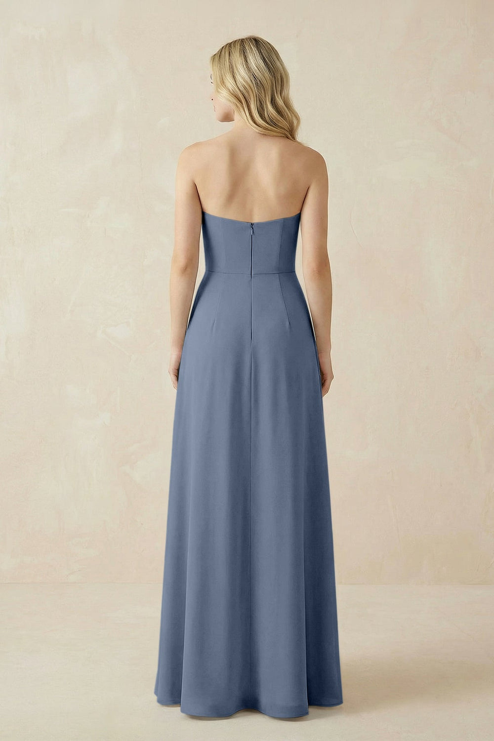 Strapless A - Line Chiffon Bridesmaid Dress With Slit in Neptune - KISS BRIDAL Bridesmaid Dresses