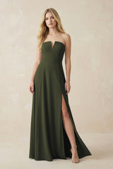 Strapless A-Line Chiffon Bridesmaid Dress With Slit in Olive | KISSBRIDAL
