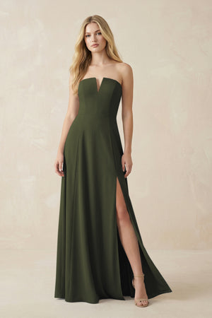 Strapless A-Line Chiffon Bridesmaid Dress With Slit in Olive | KISSBRIDAL