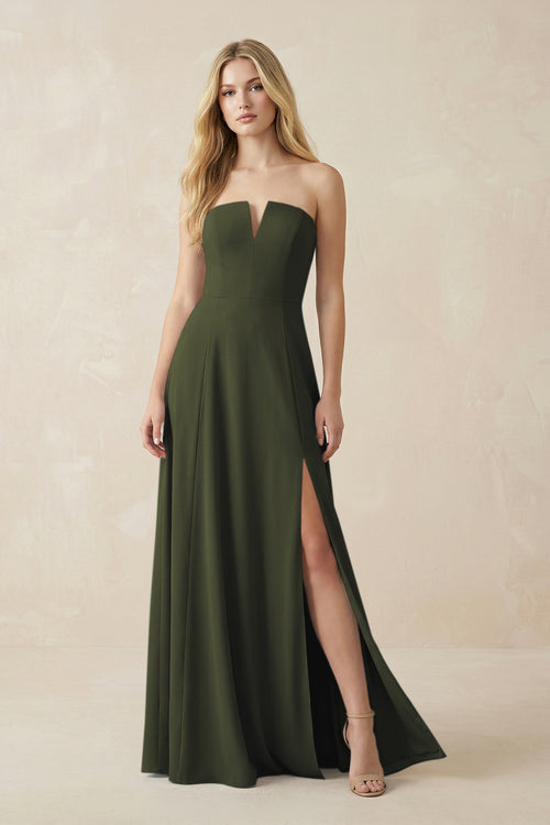 Strapless A-Line Chiffon Bridesmaid Dress With Slit in Olive | KISSBRIDAL