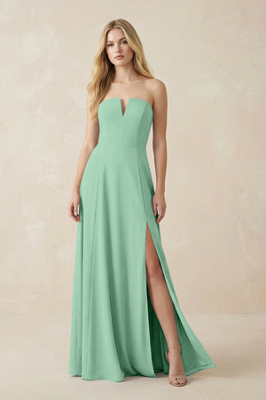 Strapless A - Line Chiffon Bridesmaid Dress With Slit in Pale Pistachio - SHE IS ME Bridesmaid Dresses