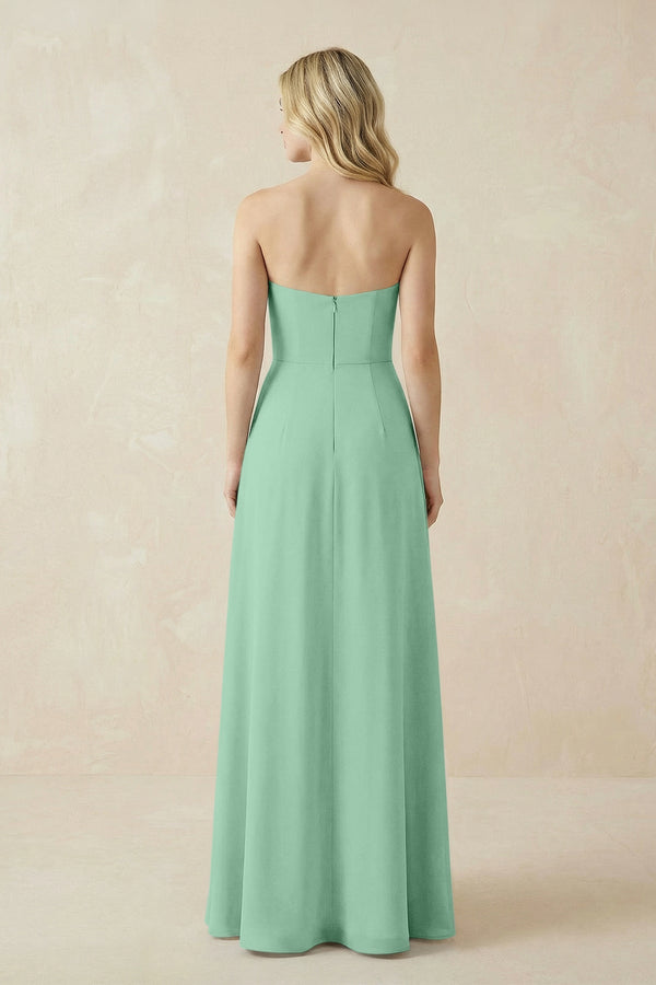 Strapless A - Line Chiffon Bridesmaid Dress With Slit in Pale Pistachio - SHE IS ME Bridesmaid Dresses