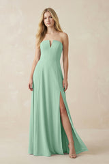 Strapless A-Line Chiffon Bridesmaid Dress With Slit in Pale Pistachio | KISSBRIDAL