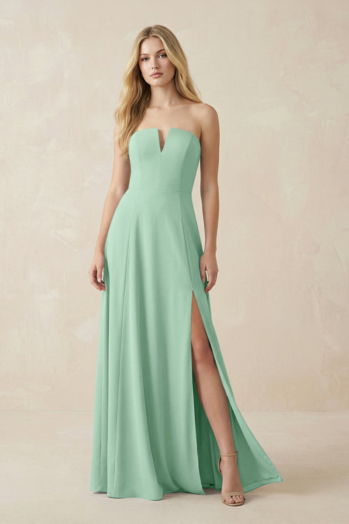 Strapless A-Line Chiffon Bridesmaid Dress With Slit in Pale Pistachio | KISSBRIDAL
