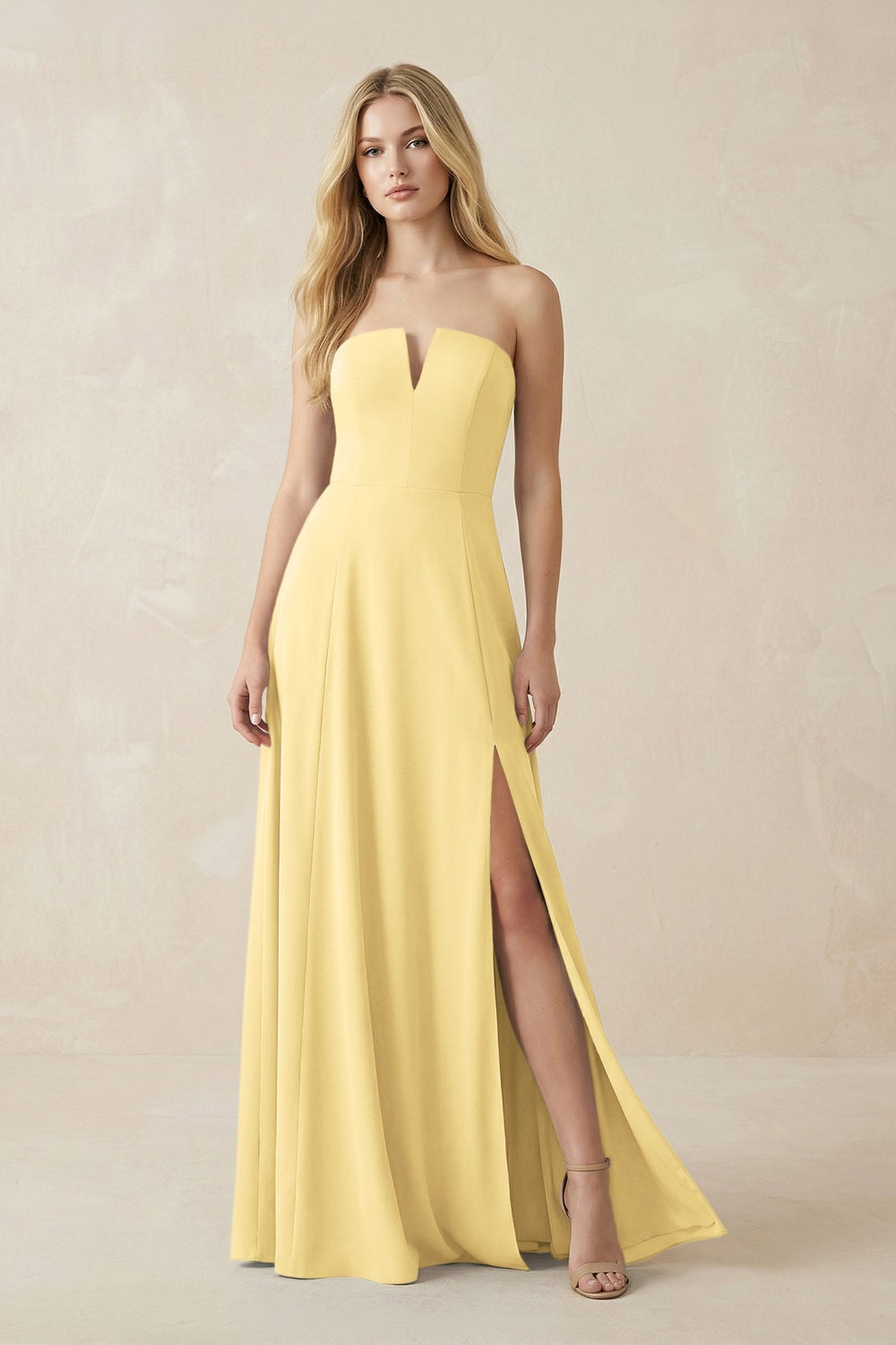 Strapless A - Line Chiffon Bridesmaid Dress With Slit in Pastel Yellow - KISS BRIDAL Bridesmaid Dresses