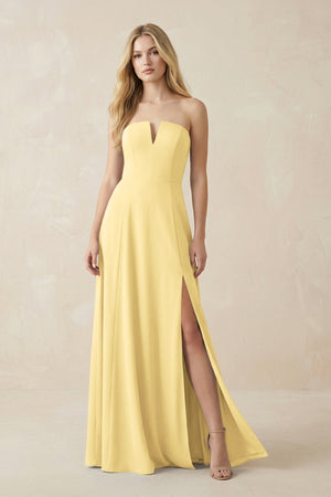 Strapless A - Line Chiffon Bridesmaid Dress With Slit in Pastel Yellow - SHE IS ME Bridesmaid Dresses