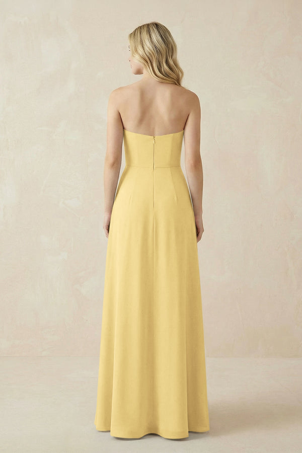 Strapless A - Line Chiffon Bridesmaid Dress With Slit in Pastel Yellow - SHE IS ME Bridesmaid Dresses